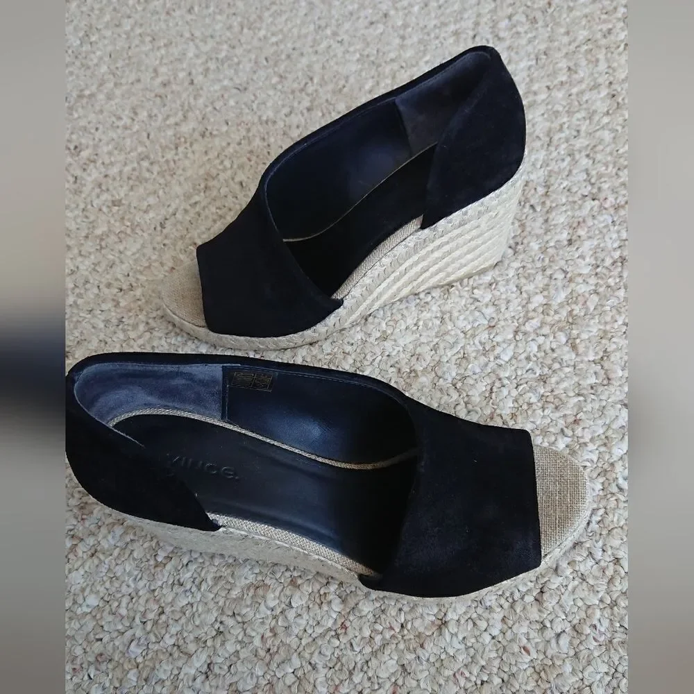 VINCE Sonora Black Suede D'orsay Jute Platform Wedge Sandal size 8.5 M
